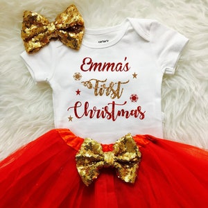 Baby Girl First Christmas outfit, 1st christmas outfit, red gold christmas outfit, Christmas tutu outfit, Christmas dress, red tutu image 2
