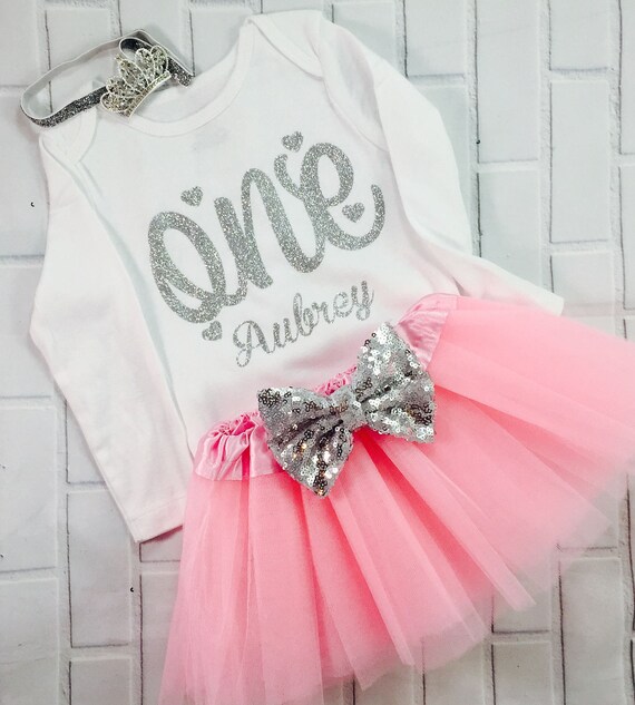 Personalized 1st Birthday Outfit Silver One Birthday Dress Etsy