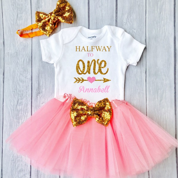 Half Birthday Outfit  Halfway to One Personalized 1/2 Birthday Girl Outfit 6 Months Birthday Pink and Gold Cake Smash Outfit  Photo Prop