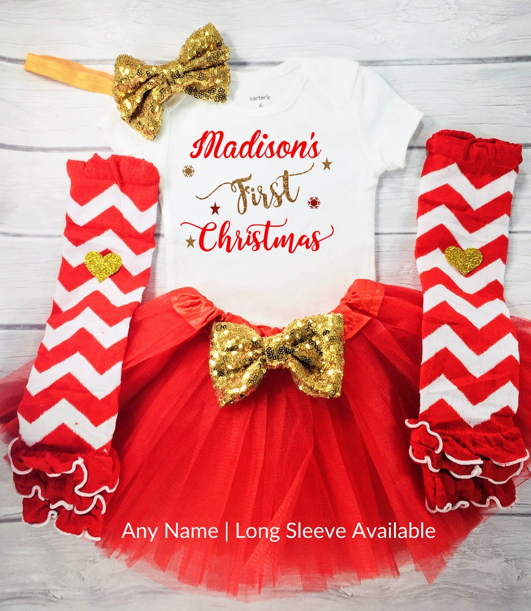 Baby Girl First Christmas Outfit, 1st Christmas Outfit, Red Gold