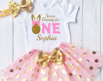 Some Bunny is One Birthday Outfit Baby Girl Baby's First Easter Birthday dress One Bunny Cake Smash
