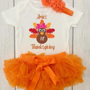 1st Thanksgiving Outfit for Girl, First Thanksgiving Fall Turkey Day Orange Tutu Personalized Newborn