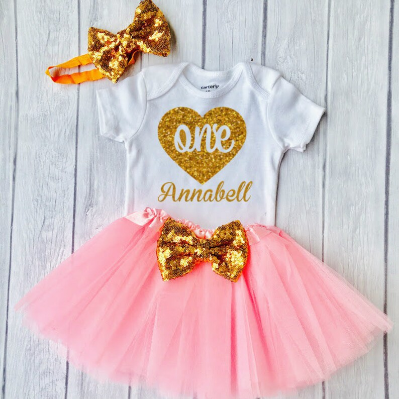 1st birthday girl outfit, 1st birthday outfit Baby Girl First Birthday Outfit Pink and Gold Birthday, Cake Smash Outfit, One Cake Topper image 2
