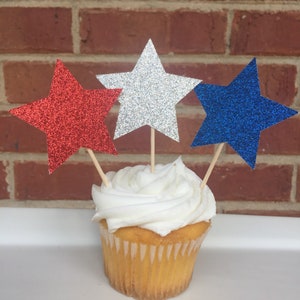 4th of July Cupcake Toppers Red Blue White  Star Glitter Star Cupcake Toppers 12 pieces Independence Day Fourth of July Decoration