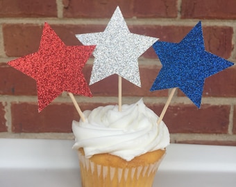 4th of July Cupcake Toppers Red Blue White Star Glitter Star Cupcake Toppers 12 pieces Independence Day Fourth of July Party Decor