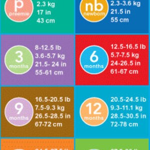 May include: A chart showing the average weight and height of babies from preemie to 24 months. The chart is divided into 10 squares, each representing a different age range. The squares are color-coded, with each color representing a different age range. The chart includes measurements in pounds and inches.