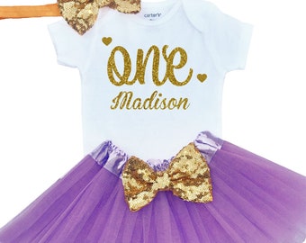 Girls First Birthday outfit, Gold One, Sparkly Gold Tutu Outfit in Purple