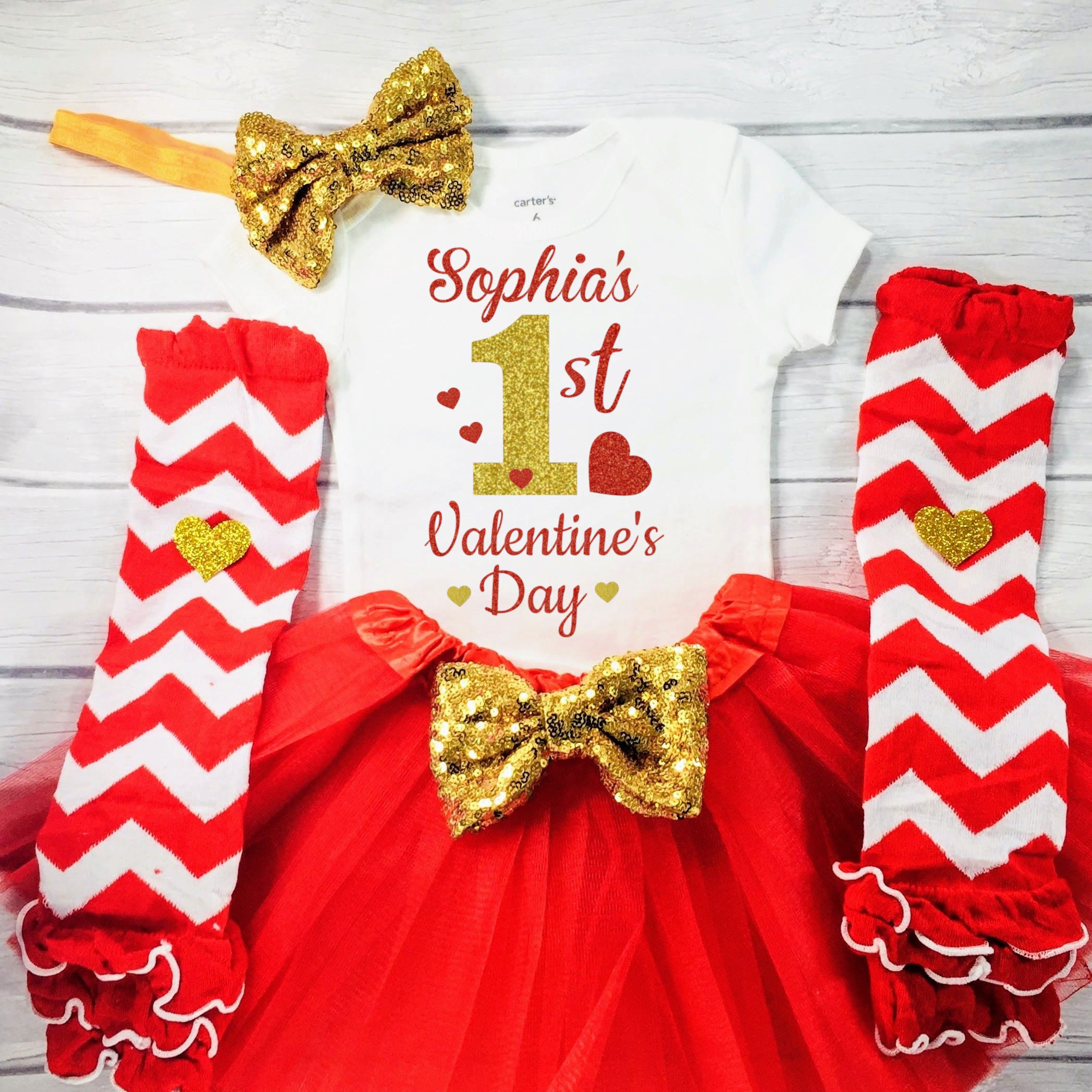1st Valentines Day Outfit for Baby Girl First Valentine Dress Personalized Newborn Valentine Bodysuit Red Tutu