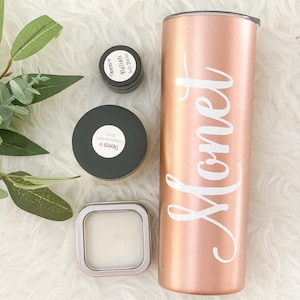 Mothers Day Gift Box, With Personalized Name Skinny Tumbler, Bridesmaid Proposal Handmade Soy Candle, Spa set, Gift for Her, Mom Cup
