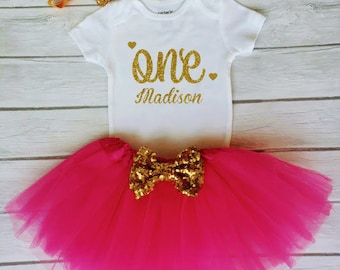 Girls First Birthday outfit, Gold Heart, Sparkly Gold Tutu Outfit in Hot Pink