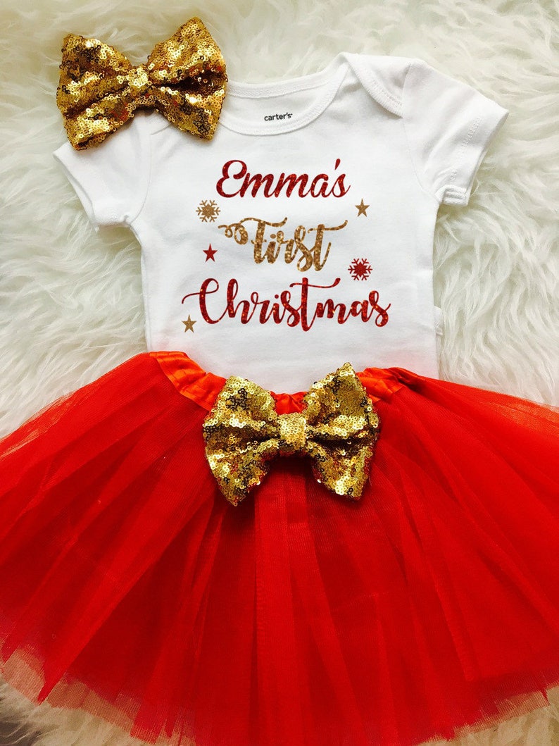 Baby Girl First Christmas outfit, 1st christmas outfit, red gold christmas outfit, Christmas tutu outfit, Christmas dress, red tutu image 2