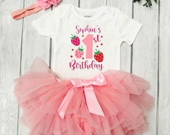 Berry First Birthday Outfit, Personalized 1st Birthday Girl Outfit, Strawberry Cake Smash Outfit, Pink Tutu Set With Custom Name, Sweet One