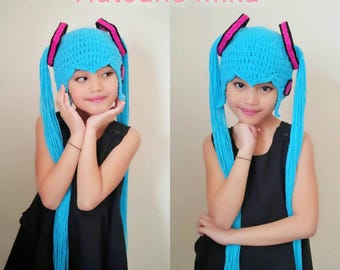 Hatsune Miku crochet wig hat,anime crochet wig hat,cosplay costume hat,miku costume,baby photo props,anime costume wig,hatsune miku,crochet