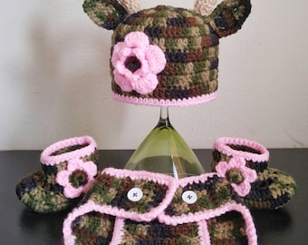 crochet camo baby antlers hat set,camo baby set,crochet baby camouflage,camo newborn photo props,baby deer hat,crochet camo hat,shoes,diaper