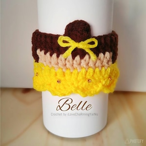 Belle coffee cup cozy, cup cozy, crochet cup cozy disney cup cozy, tumbler cozy, coffee cozy, mug cozy,cup cozy, cup wrap, mug wrap cozy