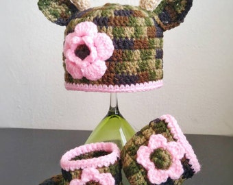 crochet camo baby antlers hat set,camo baby set,crochet baby camouflage,camo newborn photo props,baby deer hat,crochet camo hat and shoes