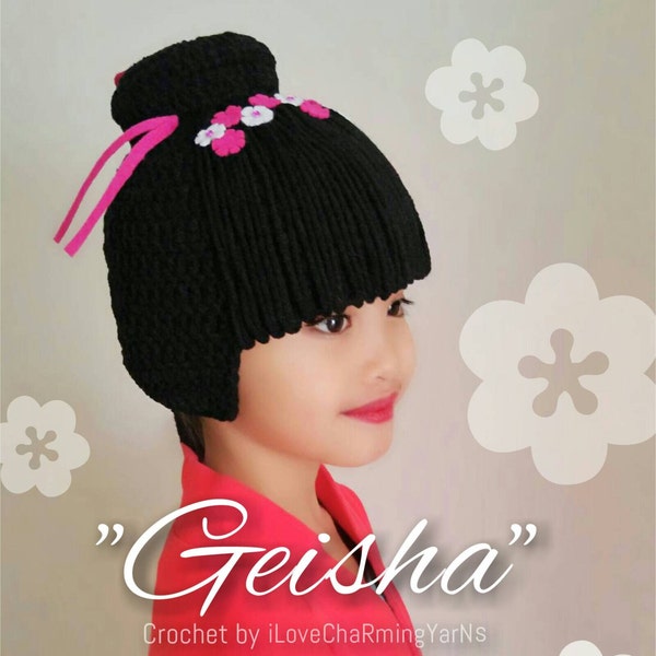 Geisha, geisha crochet wig hat, japanese geisha costume hat, japan costume hat, geisha costume, international costume hat, japan hat,crochet