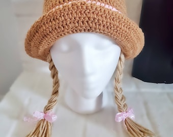 Girls braid, straw hat, girls hat with braids, girls wig hat,  girls sun hat, hat, pink hat braids, girls crochet hat, kids  wig hat, visor