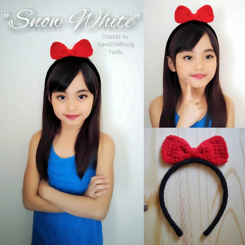 Snow white headband summer bow headband red bow headband princess headband snow white hair bow disney crochet headband birthday gift