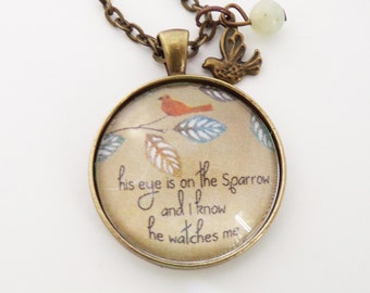 Sein Auge ist auf der Spatz Halskette: Bronze Anhänger, christliches Geschenk
