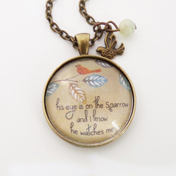 His Eye Is On The Sparrow // Necklace, Christian Gift, Bible Study, Hymn, Religous Jewelry, Bronze Pendant, Inspirational, Key Ring