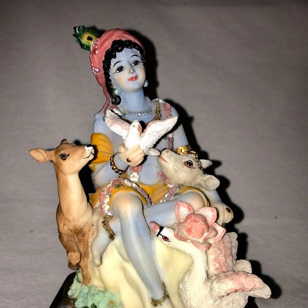 Vintage Lord Krishna Resin Statue  with Animals Yoga Spirituality Hindu Statue Spirituality  Made in India