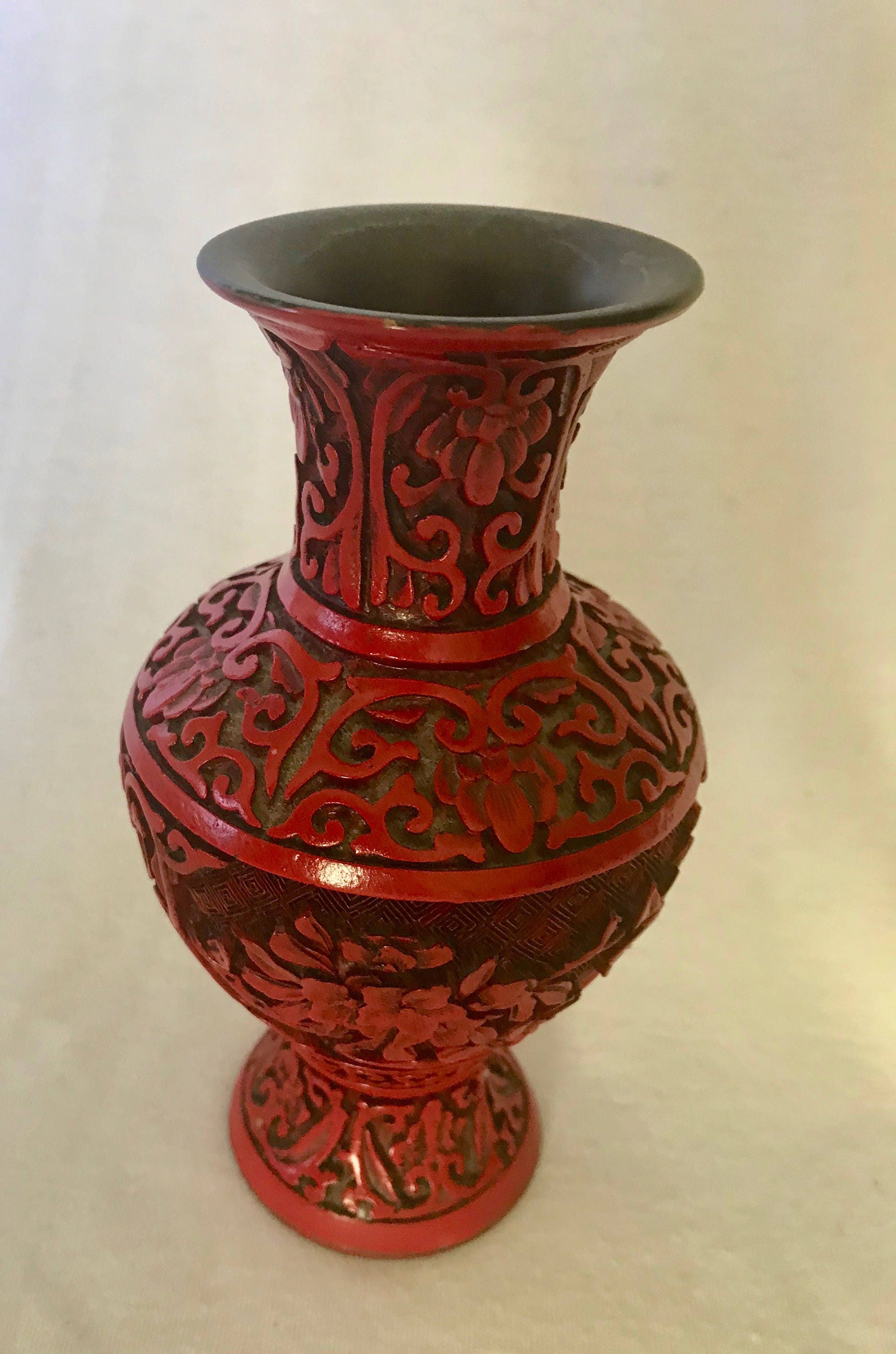 Vintage Small Red And Black Chinese Floral Vase Feng Shui Etsy
