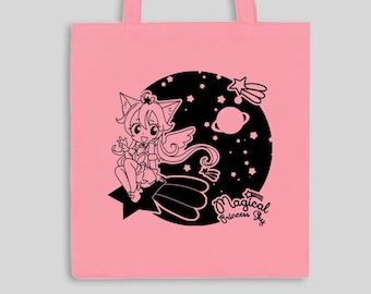 Kawaii magical girl on shooting star / Magical Princess Sky screen-printed tote bag