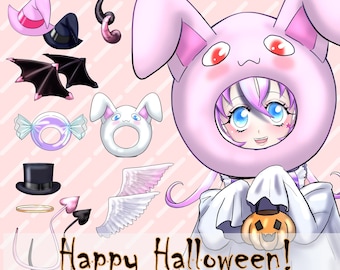 VTuber asset pack - Halloween dress up costume images - demon, angel, witch, bunny, candy, ghost etc