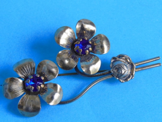 Rhinestone Flower Brooch, Antique Silver Brooch, … - image 1