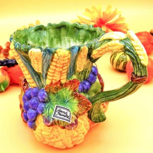 Vintage Fritz and Floyd Harvest Home Mug Hand Painted Vegetable Motif Fall Thanksgiving Ceramic Coffee Cup