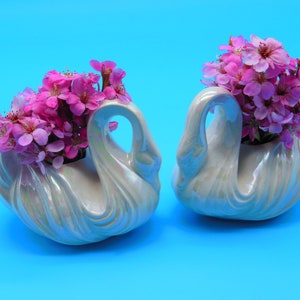 Pair Of White Swan Vases, Swan Decor, Porcelain Vases, Swan Figurines