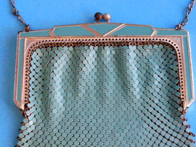 Vintage Wristlet Purse Turquoise Flapper Purse Metal Mesh Handbag Whiting and Davis Purse Vintage Art Deco Metal Mesh Purse