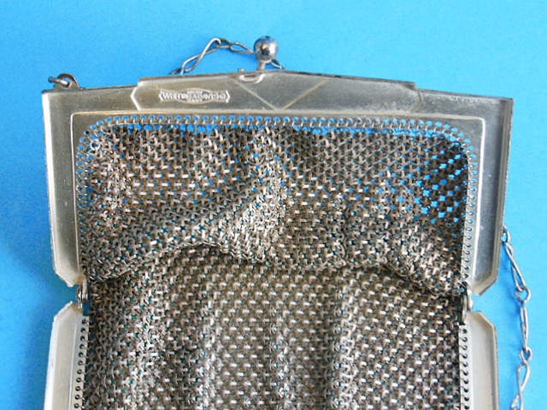 Vintage Wristlet Purse Turquoise Flapper Purse Metal Mesh Handbag Whiting and Davis Purse Vintage Art Deco Metal Mesh Purse