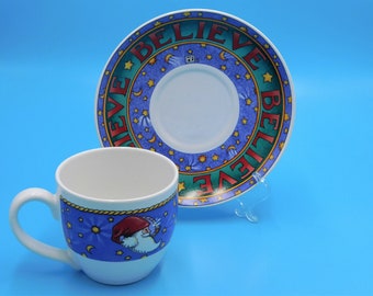Vintage Christmas Cup and Saucer Set, Mary Engelbreit Collectibles, Believe Tea Cup and Saucer