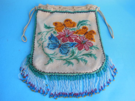 Vintage Beaded Reticule Purse, Victorian Beaded Ha