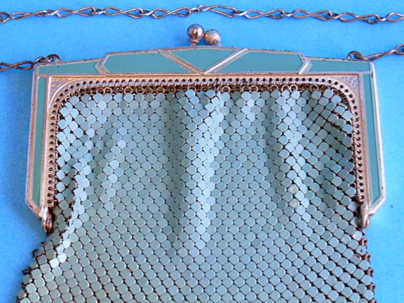 Vintage Wristlet Purse Turquoise Flapper Purse Metal Mesh Handbag Whiting and Davis Purse Vintage Art Deco Metal Mesh Purse