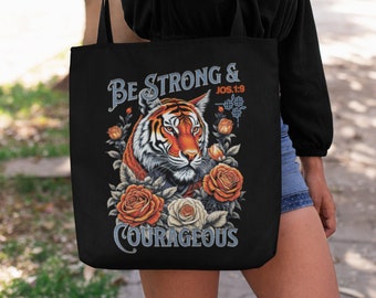 Strong and Courageous Tote Bag, Christian Tote Bag, Aesthetic Canvas Bag, Joshua 1 Bible Verse Bag, Christian Bag, Bag for Church