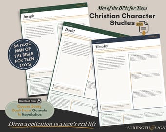 May include: A 66-page digital PDF study guide titled Men of the Bible for Teens Christian Character Studies. The document features pages on Joseph, David, and Timothy with text sections, headers, and a download icon. It covers books from Genesis to Revelation.