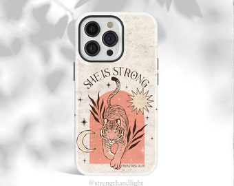 Christian iPhone Case, She is Strong Phone Case, Boho Bible Verse Quote Phone Case, Faith iPhone 14 Pro, iPhone 11