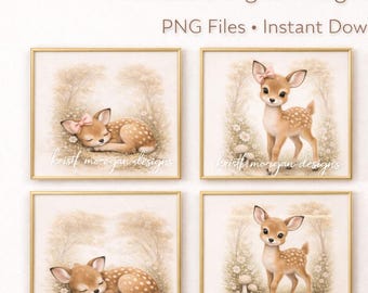 Woodland Fawn Nursery Printable Set,Neutral Baby Room Wall Art, Deer Nursery Decor, Gender Neutral Nursery Art,Woodland Animals, 6 PNG Files