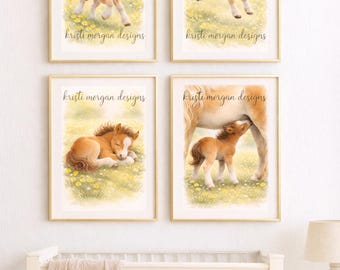 Baby Horse Nursery Wall Art Set of 4 | Foal Nursery Prints | Neutral Farm Nursery Decor | Horse Nursery Art | Printable Baby Animal Art