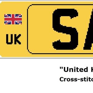 May include: A yellow United Kingdom registration plate with the word "SAMPLE" in bold black letters. The UK flag and letters are in the upper left corner. The text "United Kingdom Registration Plate" is below.