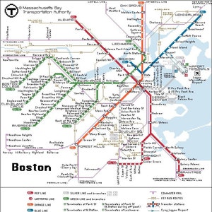 May include: A map of the Boston subway system with commuter rail and key bus routes. The map shows the different lines and stations, as well as the locations of the major transportation hubs. The map is in a green, orange, blue, and red color scheme.