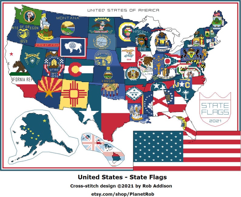 2021 Update Usa State Flags Map Cross Stitch Pattern Pdf Etsy