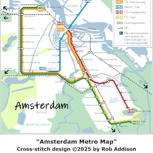 May include: Amsterdam Metro Map cross-stitch design. The map features colored lines representing metro lines, with station names and labels. The text "Amsterdam Metro" is prominently displayed, along with the designer's name and Etsy shop URL.