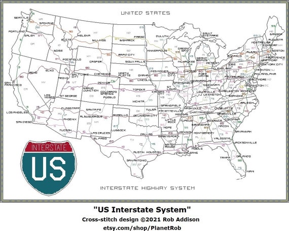 Usa Road Map Pdf Us Interstate Highway System Cross-Stitch Map Pdf And Gif | Etsy Ireland