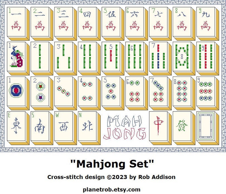 May include: A cross-stitch pattern for a Mahjong set. The pattern includes the tiles, the words "Mahjong" and "East, South, West, North".