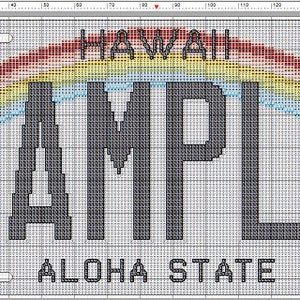 May include: A black and white cross-stitch pattern of a Hawaii license plate with a rainbow arch over the word "SAMPLE" and the text "ALOHA STATE" below.