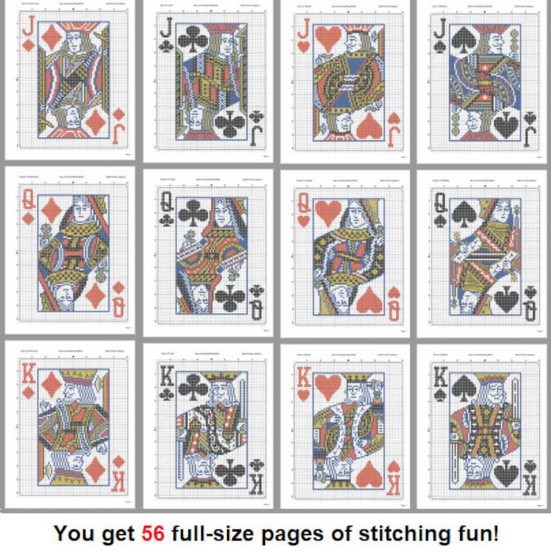 FULL DECK of Cards 56 Fullpage 8.5 by 11 Inches Crossstitch Charts